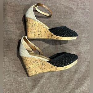 Wedged heels, black mesh top. Women’s size 7, Kohl’s Apt9, used-LIKE NEW